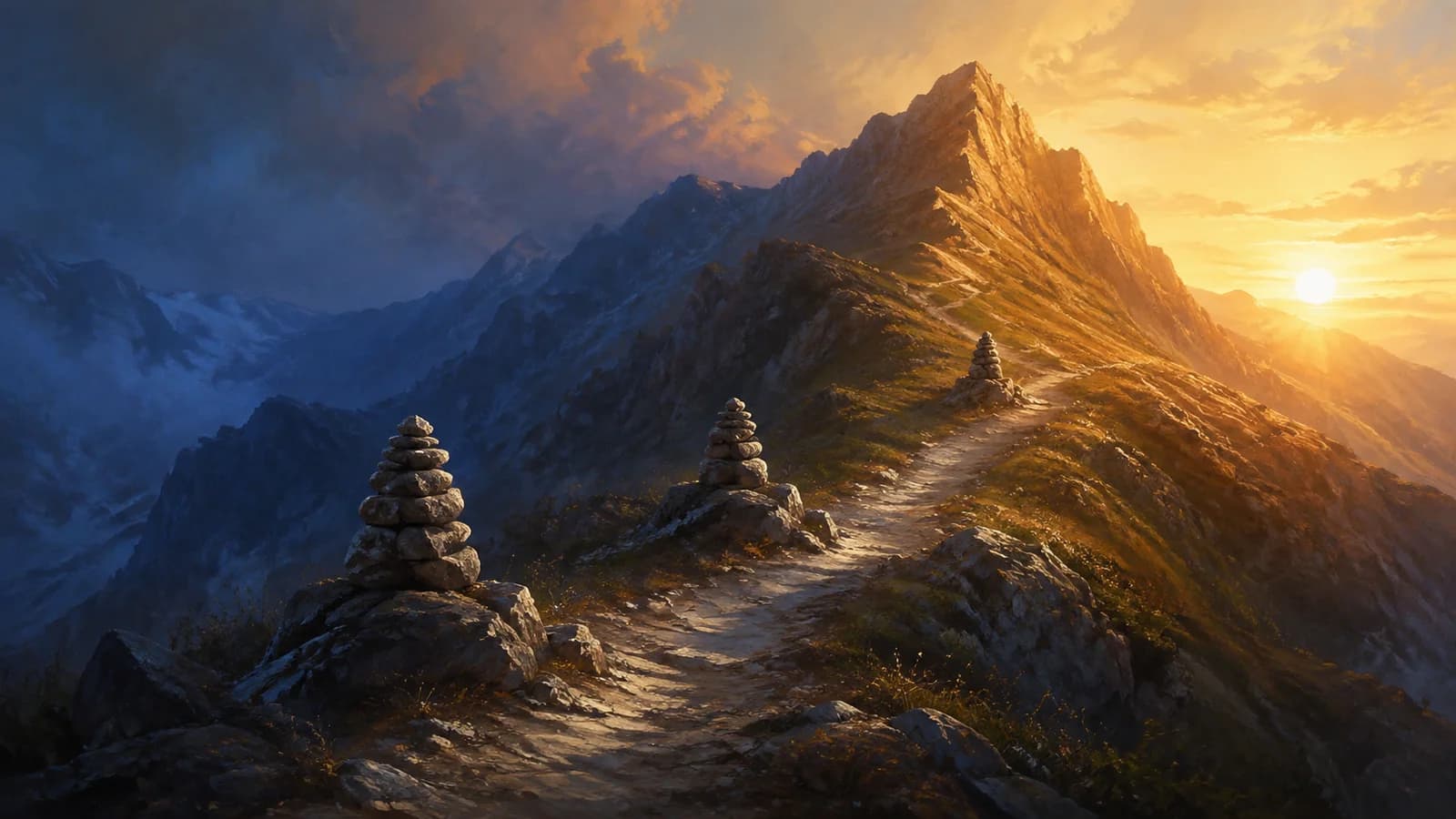 A winding mountain path leads past stone cairns to a sunlit summit.