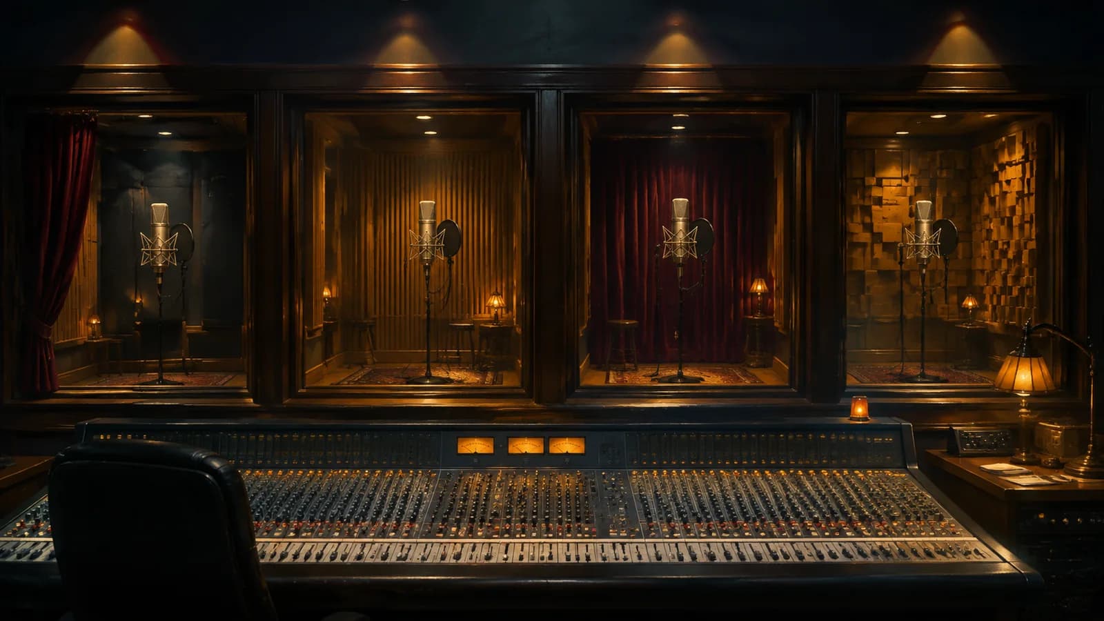 Microphones stand in separate recording booths beyond a mixing desk.