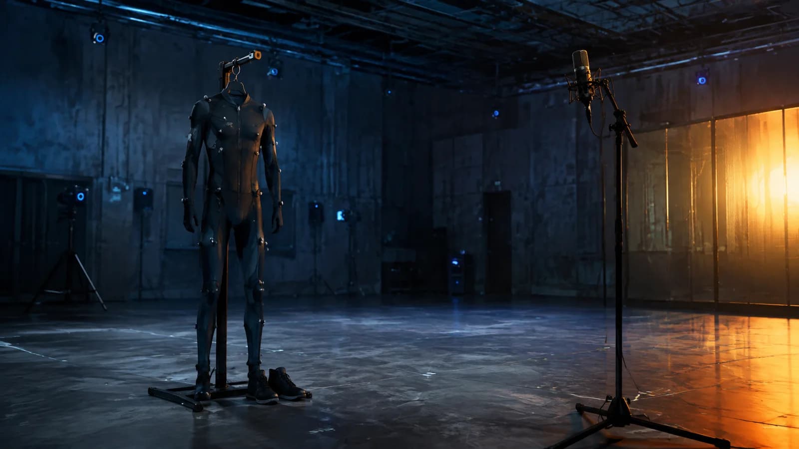 A motion-capture suit and microphone stand in an empty performance studio.